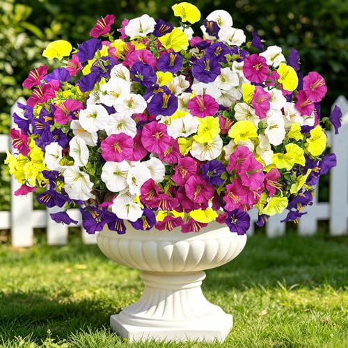 12 Bundles Artificial Morning Glory Flowers for Outdoors, 4 Mixed Colors | 336 Blooms with UV Resistant Silk Petals and Eucalyptus, for Planters, Porches, Patios, Window Boxes and Garden Decor - color: 4 Mix Colors