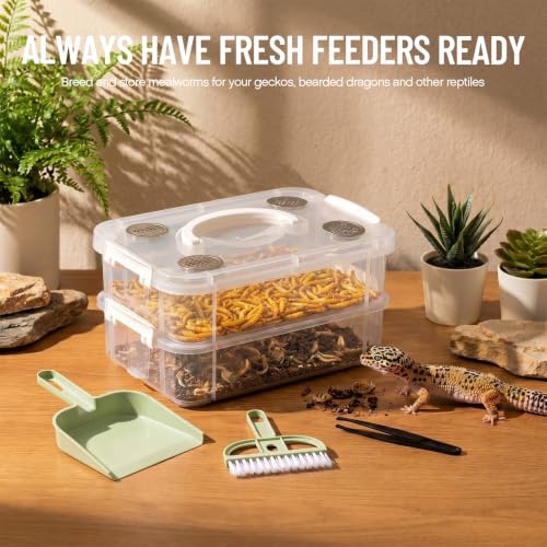 Large Mealworm Breeding Kit with Tweezers, Mealworm Breeder Box with Fine Mesh Sifter for Super Worms Crickets Dubia Roach Live Feeder Insects, Reptile Feeding Breeding Container