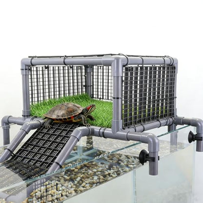 Elevated Turtle Basking Platform Above Tank, Turtle Topper Dock with Non-Slip Ramp and Grass, Extra Large Loft for 18-20” Wide 75/90/125 Gal (Grey/Black) - size: Extra Large (fits 18‑20 inch wide turtle tanks)