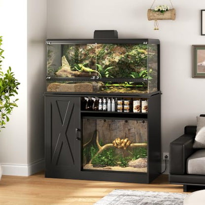 Herture 120 Gallon Reptile Tank Stand,48 X 24 for 120 Gallon Reptile Tank | with Storage Cabinet, Outlet Power, Adjustable Shelf, Double Terrarium Stand for Bearded Dragon Snake FEED001B Black