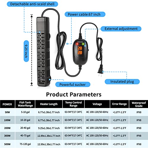 HiTauing Aquarium Heater, 50W/100W/200W/300W/500W Submersible Fish Tank Heater with Over-Temperature Protection and Automatic Power-Off When Leaving Water for Saltwater and Freshwater - size: 200W