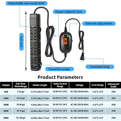 HiTauing Aquarium Heater, 50W/100W/200W/300W/500W Submersible Fish Tank Heater with Over-Temperature Protection and Automatic Power-Off When Leaving Water for Saltwater and Freshwater - size: 200W