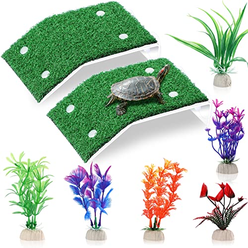 2 Pcs Turtle Basking Platform Ramp Medium Tortoise Terrace Resting Ladder Simulation Lawn and 6 Pcs Artificial Plastic Aquarium Plants Turtle Tank Accessories Decorations for Small Reptile Turtle