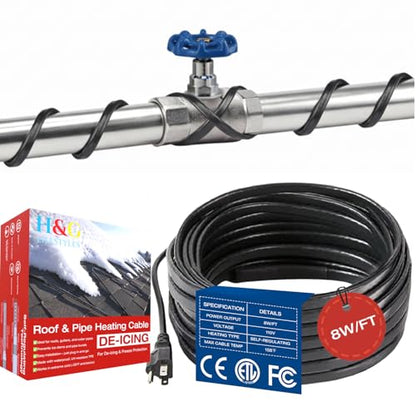 H&G Lifestyles 8W/FT Heat Tape for Water Pipes, Self-Regulating 24FT | Heat Cable for Pipe Freeze Protection,Snow De-icing Heating Tape for Winter,Keeps Water Flowing at -40°F - color: 24-feet