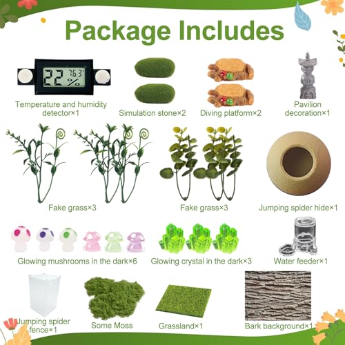 Jumping Spider Enclosure Kit,(Contains All Components) DIY Insects Habitat,Small Reptile Terrarium Glass House Accessories Set,with Temperature and Humidity Detector.5.5“x5.5”x9.5“ (Green)