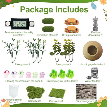 Jumping Spider Enclosure Kit,(Contains All Components) DIY Insects Habitat,Small Reptile Terrarium Glass House Accessories Set,with Temperature and Humidity Detector.5.5“x5.5”x9.5“ (Green)