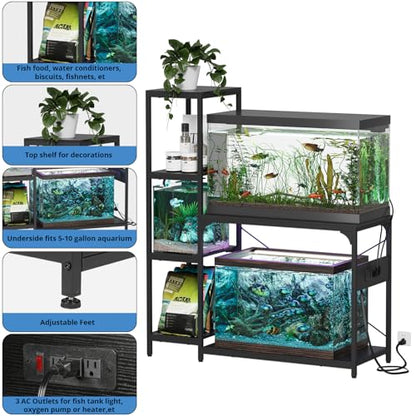 VOWNER 20-29 Gallon Fish Tank Stand with Power Outlet, Wood Aquarium Stand with Shelves for Fish Tank Accessories Storage, Heavy Duty Metal Frame, Turtle Reptile Terrarium Stand, Load 500lb, Black - color: Black