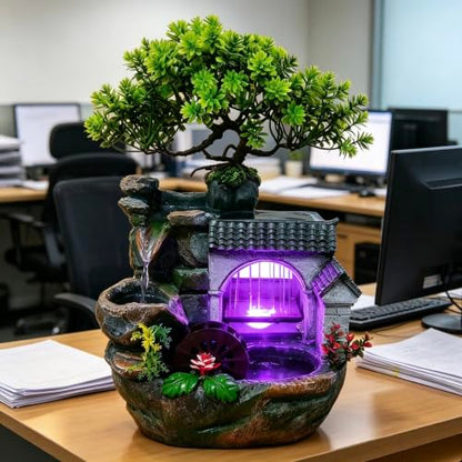 11in Desk Decor Rock Tabletop Water Fountain Indoor Waterfall Gift | Desktop Decoration Feature Humidifier with Pump a& LED Light, Home Office Bedroom Relaxing (No Atomizer)