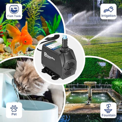 800GPH Submersible Water Pump(3000L/H 60W), Adjustable Ultra Quiet Fountain Pump with 4 Nozzles 10ft High Lift for Aquarium, Fish Tank, Pond, Waterfall, Outdoor, Hydroponics - size: 800GPH