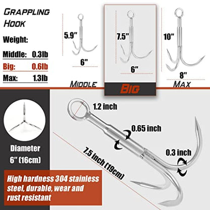 Grappling Hook with Rope-Includes Nylon Rope 6/8/10mm 50FT,Functional Grapple Hook and Double Carabiner,for Magnet Fishing/Drag/Tree Limb Removal - style: Big+1/3″rope-green