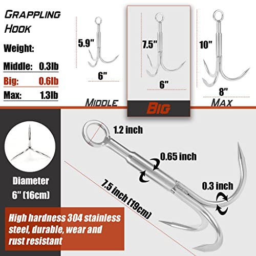 Grappling Hook with Rope-Includes Nylon Rope 6/8/10mm 50FT,Functional Grapple Hook and Double Carabiner,for Magnet Fishing/Drag/Tree Limb Removal - style: Big+1/3″rope-green