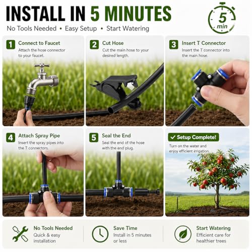 High-Flow Tree Irrigation System, 15FT 12mm Hose & 2Pcs 6.5FT Adjustable Nozzles, for Tree Roots & Canopies Irrigation, Leaf & Fruit Cleaning, Ideal for Fruit Trees & Ornamental Trees - size: 15FT