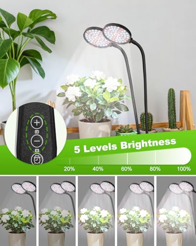 Grow Lights for Indoor Plants Full Spectrum, Clip On Plant Light with Timer 4/8/12/18H, Adjustable Gooseneck, 5 Dimming Levels, LED Grow Lamp for Houseplants - size: 3.6-inch Dual Head