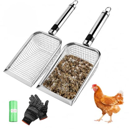Chicken Poop Scooper for Coop, Coop Rake Scooper Shovel, 2 Pack | 3.8mm & 5mm Mesh, Equipped with Gloves and Garbage Bags, for Sifting Sand, Litte, Stainless Steel