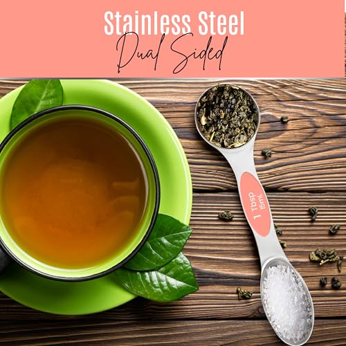 Magnetic Measuring Spoons Set of 9 Stainless Steel Dual-Sided Stackable Measuring Spoon Nesting Teaspoons Measuring Dry and Liquid Ingredients, Fits in Spice Jars Set of 9 (Peach) - color: Peach