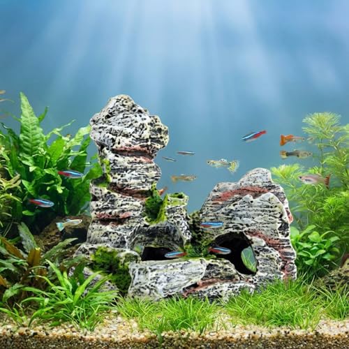 Resin Aquarium Stone Cave with Artificial Moss – Natural Rock Mountain Ornament for Fish Tank, Shrimp & Betta Hiding, Reptile Habitat Decoration, Small Landscape Terrain Accessory for Aquatic Decor（B）