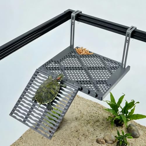 SolidForm Hanging Turtle Basking Platform with Built-in Food Tray, Zero Zip-Tied, Non-Slip Ramp Terrace, Resting Turtles Dock, for 25–75 Gallon Aquariums Frog Turtle Turtle Tank Accessories - size: Medium（10×7.8inches）