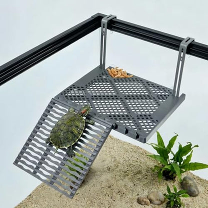 SolidForm Hanging Turtle Basking Platform with Built-in Food Tray, Zero Zip-Tied, Non-Slip Ramp Terrace, Resting Turtles Dock, for 25–75 Gallon Aquariums Frog Turtle Turtle Tank Accessories - size: Medium（10×7.8inches）