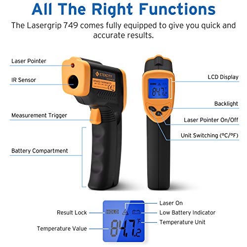 Etekcity Infrared Thermometer 749 (Not for Human) Temperature Gun Non-Contact Digital Lasergrip with LCD Backlit Display, -58℉ to 716℉ (-50℃ to 380℃), Black-Yellow