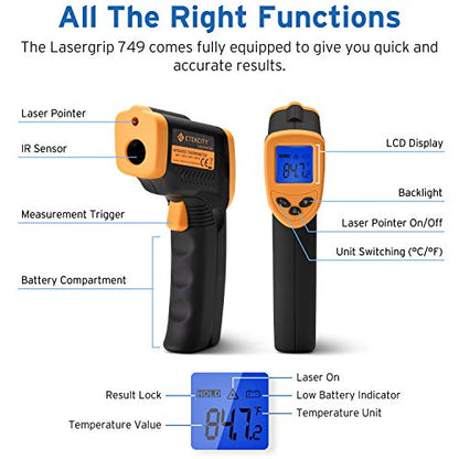 Etekcity Infrared Thermometer 749 (Not for Human) Temperature Gun Non-Contact Digital Lasergrip with LCD Backlit Display, -58℉ to 716℉ (-50℃ to 380℃), Black-Yellow