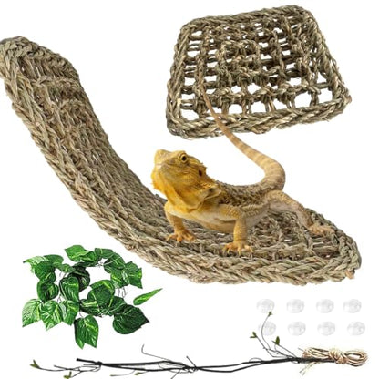4 PCS Bearded Dragon Hammock,Lizard Lounger Reptile Natural Seagrass Hammocks Climb Vines Plant Decoration Terrarium Accessories for Lizards Chameleon Gecko Snakes Crown Geckos