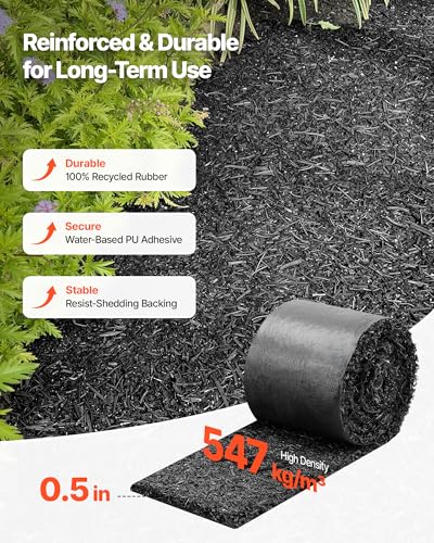 VEVOR Rubber Mulch Mat Roll, 140 x 4.5 in, Recycled Rubber Permanent Mulch Edging Border, Natural-Looking Flower Barrier with Stakes, 0.5 in Thick Cuttable Garden Edgings for Landscaping