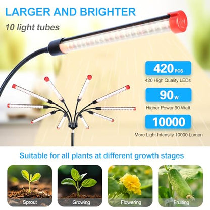 10Head Grow Light on Stand for Large&Tall Indoor Plants, Bonsai Tree, Bright and Big Coverage Plant Growing Lamps, 4/8/12/16/20H Timer, 90 Watt Power Draw, NO Need Adapter, 360° Gooseneck - size: 10Head Stand(90W)