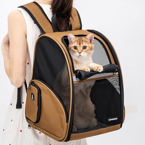 Cat Backpack Carrier for Small Dogs and Medium cat Puppy Kitten Bunny Pet Carrier Backpack Collapsible with Fully Ventilated Mesh with Safety Leash (Brown, 12.9" L x 10.62" W x 15.5" H - M) - color: Brown, size: Medium