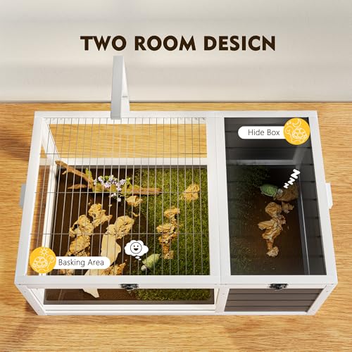 Reptile Habitat Tortoise House with Lamp Holder, 3 Acrylic Observation Windows, 2 Waterproof Trays, Lockable Top, Wooden Enclosure for Turtles, Lizards, Snakes, and Small Pets