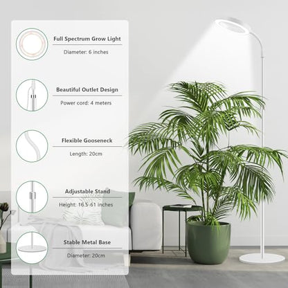 Aumtrly Floor Grow Light Full Spectrum with 68" Stand for Tall Indoor Plant | 80 LED Growing Lamp for Large Plants with 6/12/16H Timer, 5 Dimming, White Halo Design, Adjustable Height, Flexible Gooseneck - size: 1 head 68inch/white