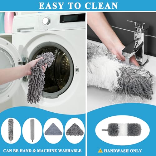 Microfiber Duster Kit 27pcs with 30 to 100 Inches Extension Pole and Wall Cleaner Mop, Washable and Bendable Feather Duster for Cleaning Ceiling Fans, High Ceilings, Cobwebs, Blinds, Grey - size: 27pcs