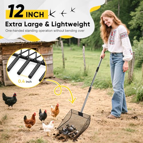 Large 12-inch Chicken Poop Scooper Rake, Durable Metal Poop Scoop for Chicken with 24 to 68" Adjustable Stainless Steel Handle, Litter Scooper for Sand Sifting Shovel for Animals House