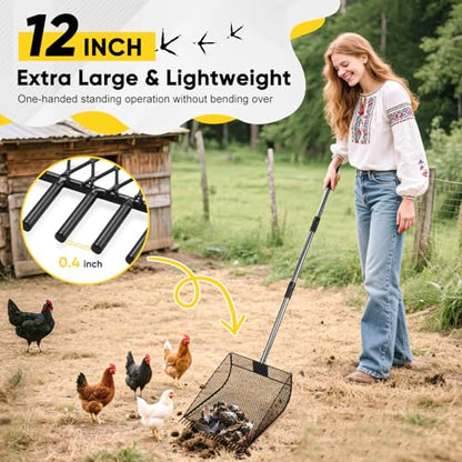 Large 12-inch Chicken Poop Scooper Rake, Durable Metal Poop Scoop for Chicken with 24 to 68" Adjustable Stainless Steel Handle, Litter Scooper for Sand Sifting Shovel for Animals House