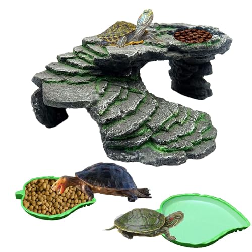 3PCS Turtle Basking Platform Tortoise Resin Dock Tortoise Climbing Ramp Shale with Leaf Tortoise Food Dish Reptile Food Water Bowls Great for Reptiles,Amphibians and Fish