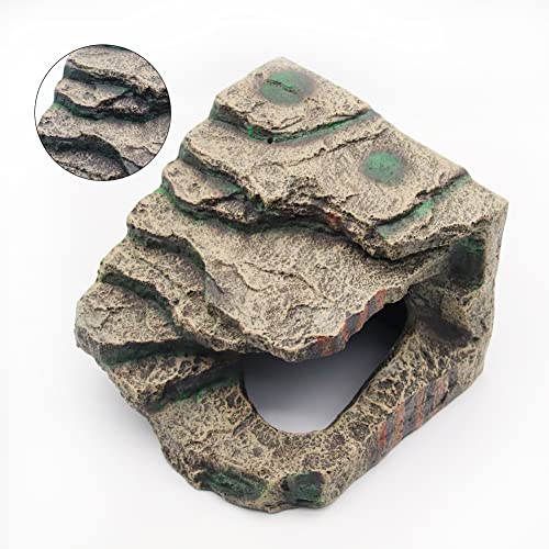 Turtle Basking Platform with Hiding Cave Reptile Dock Ramp Resin Aquarium | Tortoise Ramp Climbing Ornament 7.48×7.08 Inch for Fish Tank Terrarium, for Lizards Frogs Snakes Chameleon Gecko