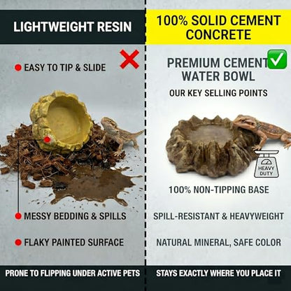 Heavy Concrete Reptile Water Dish - 100% Non-Tipping Volcano Rock Snake Water Bowl for Bearded Dragon, Tortoise, Leopard Gecko Tank Accessories