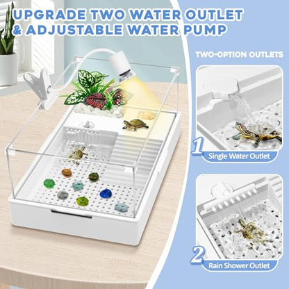 GOZILLA Large Turtle Tank Kit+Water Pump, Acrylic Turtle Tank Starter Kit with Adjustable 5W Water Pump and Two Shower Heads, Multi-Functional Area for Small/Medium Turtles(Large-White Kit) - color: White Kit-Large