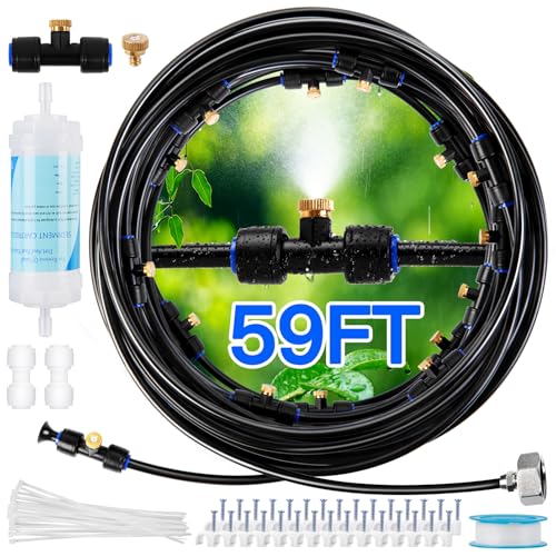 Misters for Outside Patio with Water Filter - 59Ft(18M) Misting system Line 20 Brass Mist Nozzles Brass Adapter(3/4") Patio Misters for Cooling Outdoor Greenhouse Backyard Porch Garden BBQ Party Pool - size: 59FT / 18M