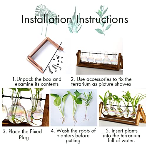 XXXFLOWER Plant Terrarium with Wooden Stand Desk Plant 5 Bulb Vase | Terrarium Kit Glass Propagation Vases Tabletop Propagation Station, Metal Swivel Holder Retro Rack - size: 5 Bulb Vase
