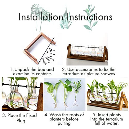 XXXFLOWER Plant Terrarium with Wooden Stand Desk Plant 5 Bulb Vase | Terrarium Kit Glass Propagation Vases Tabletop Propagation Station, Metal Swivel Holder Retro Rack - size: 5 Bulb Vase