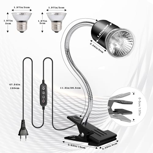 Reptile Tank Accessories, Reptile Heat Lamp with Clamp and 2 Bulb (25W + 50W) , Hermit Crab Heater, Tortoise Habitat Accessories, Turtle Heat Lamp, Reptile Terrarium for Lizard, Hermit Crab, Tortoise