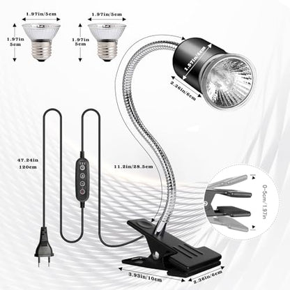 Reptile Tank Accessories, Reptile Heat Lamp with Clamp and 2 Bulb (25W + 50W) , Hermit Crab Heater, Tortoise Habitat Accessories, Turtle Heat Lamp, Reptile Terrarium for Lizard, Hermit Crab, Tortoise