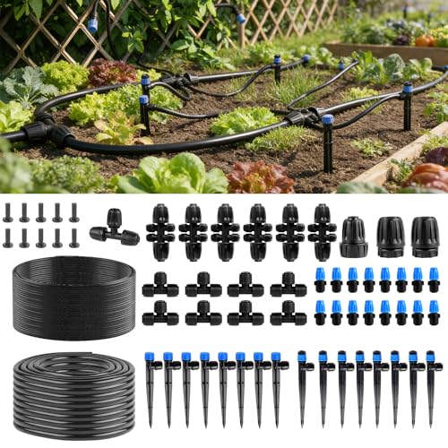 Garden Drip Irrigation System - 230FT Quick-Connect Automatic Watering Misting System Kit with 1/2" & 1/4" Tubing, Adjustable Spray Nozzles & Sprinklers for Lawn, Plant Bed, Greenhouse, DIY Irrigation
