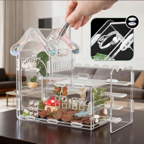 Magnetic Acrylic Jumping Spider Enclosure with Mushroom House, Easy-Feed Hole & Front Opening – Terrarium for Tarantula, Mantis, Beetle, Gecko, Hermit Crab, Reptile Habitat - color: Transparent color