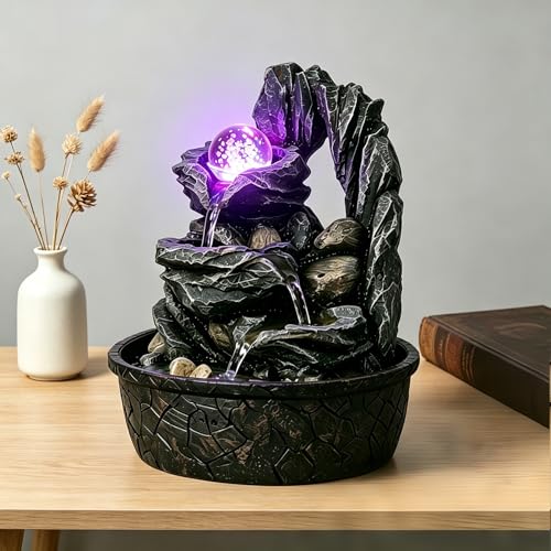Three Bowls with Rotating Ball Flowing Tabletop Fountain Home Décor Indoor Decor Waterfall Sound Zen Mini Fountain Multicolor LED Light - size: H10.24"