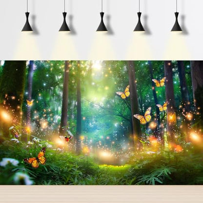 Fantasy Forest Aquarium Background Glowing Butterflies Lush Green Trees Fish Tank Background Fairy Tale Woodland Terrarium Backgrounds Tranquil Lake Green Meadow Reptile Tank Backgrounds 24x12in - color: Warm Green, size: 24(W)x12(H)in