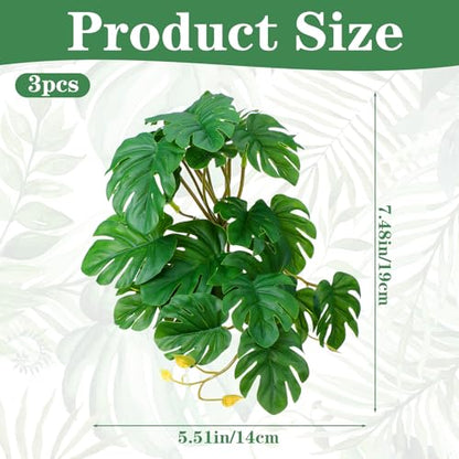 3 Pack Reptile Fake Plants for Terrarium Snake Habitat Decor Plant | Artificial Hanging Plants with Suction Cups Monstera, Terrarium Habitat Decor for Bearded Dragons Lizards Snake Geckos Frogs