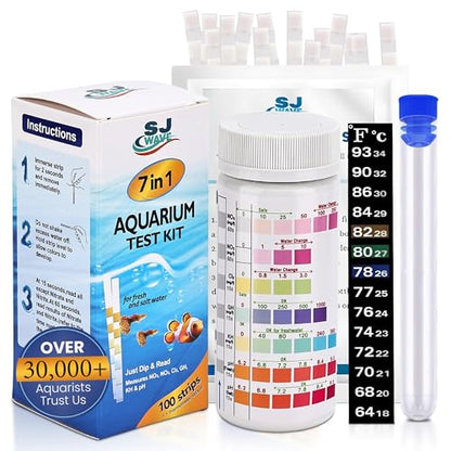 7 in 1 - Aquarium Test Strips | 100 Fast & Accurate Strips | Fish Tank Aquariums Water Test Kit & ebook | Aquarium Thermometer | Fish Tank Water Testing Kit for Fresh & Saltwater | Versatile Usage
