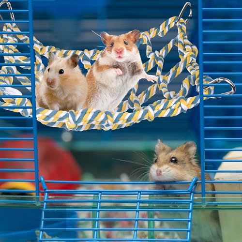 2 Pcs Rat Climbing Ropes for Cage Rat Cage Accessories Bird Rope Rat Toys for Pet 12.6 x 9.84 inch Hammock Hamster Cotton Rope Bridge Bird Ladder with 4 Silver Hooks（Yellow） - color: Yellow