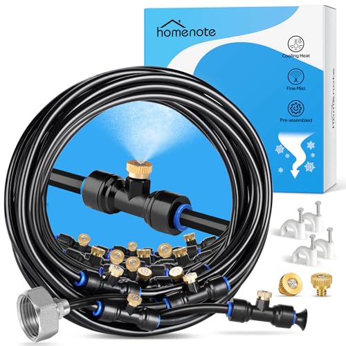 Misting Cooling System, 98FT(30M) Pre-Assembled Kit with 27 Brass Nozzles & 3/4" Brass Adapter, Cooling Mister for Patio, Backyard, Pets, Garden & Greenhouse - size: 98FT / 30M